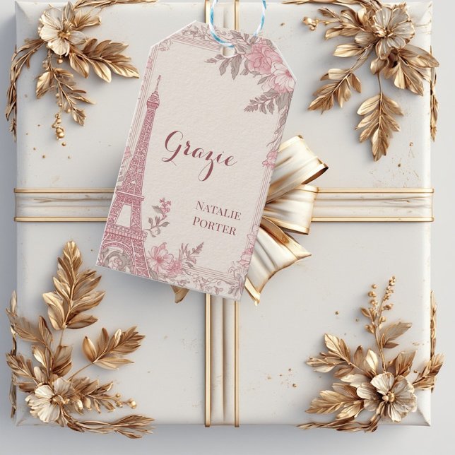 Bröllopsfest Paris Eiffeltornet Pastell Rosa Flora Presentetikett (Bridal Shower Paris Eiffel Tower Pastel Pink Flora Gift Tags)