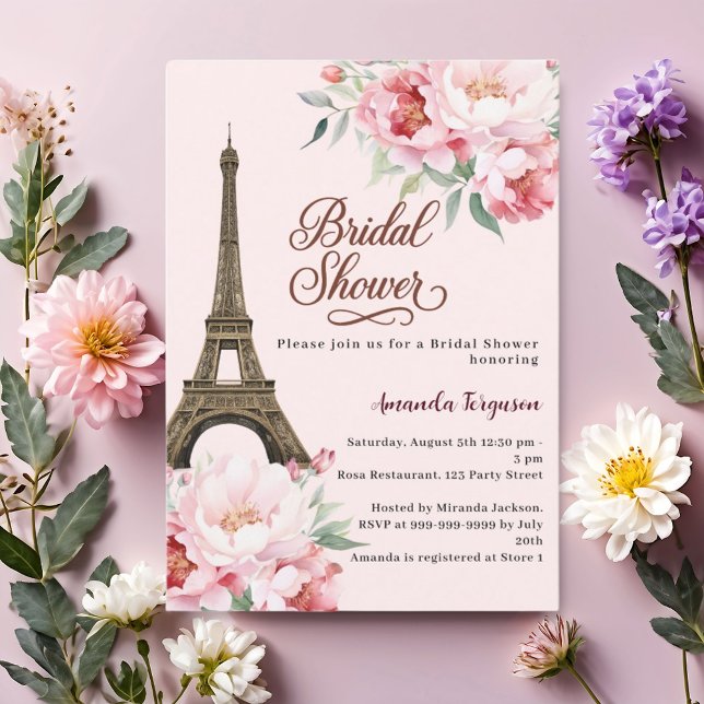 Bröllopsfest Paris Eiffeltornet rosa blommor Inbjudningar (Skapare uppladdad)