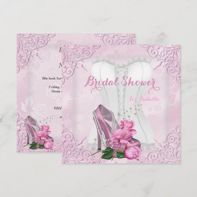Bröllopsfest Rosa Ros Högklackad Lace Damast Inbjudningar (Fram/baksida)