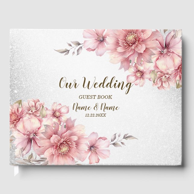 Bröllopsfest Rosa Vattenfärgsblomma Shiny Glitter Gästböcker (Framsida)