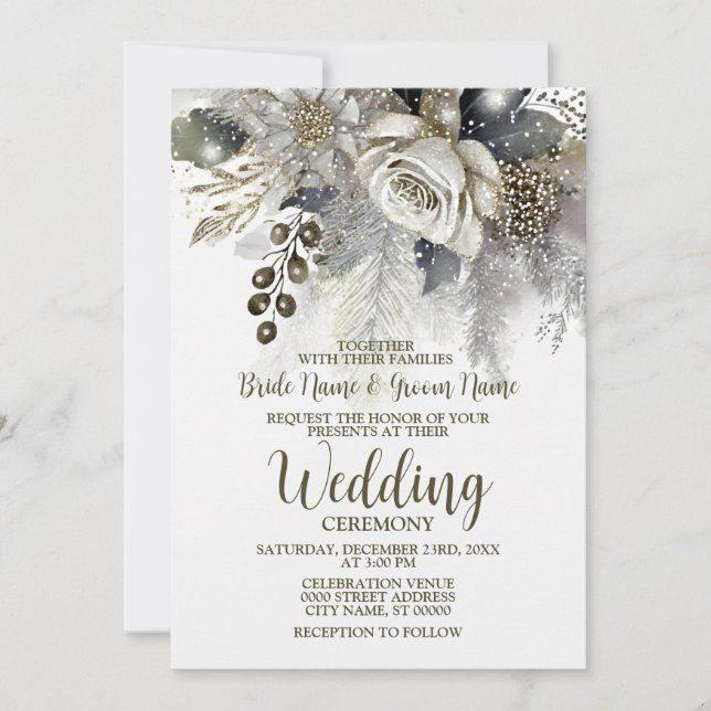 Bröllopsfest Silver Golden Vit ros Flowers Inbjudningar (Framsida)