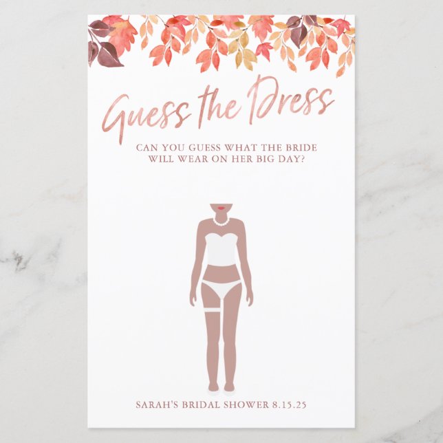 Bröllopsfest spel Gissa bröllopsklänningen Höstlöv (Framsida)