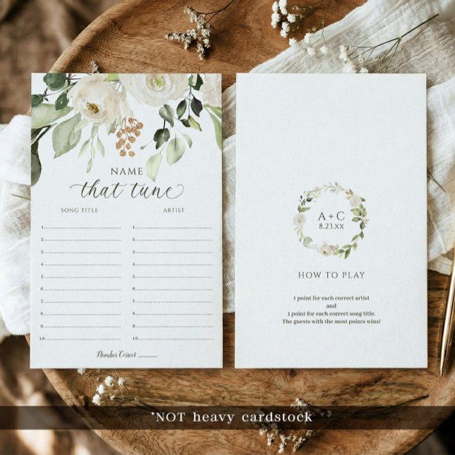 Bröllopsfest spel Gissa melodin Vita blommor (Bridal shower name that tune game card with watercolor floral greenery botanical design)
