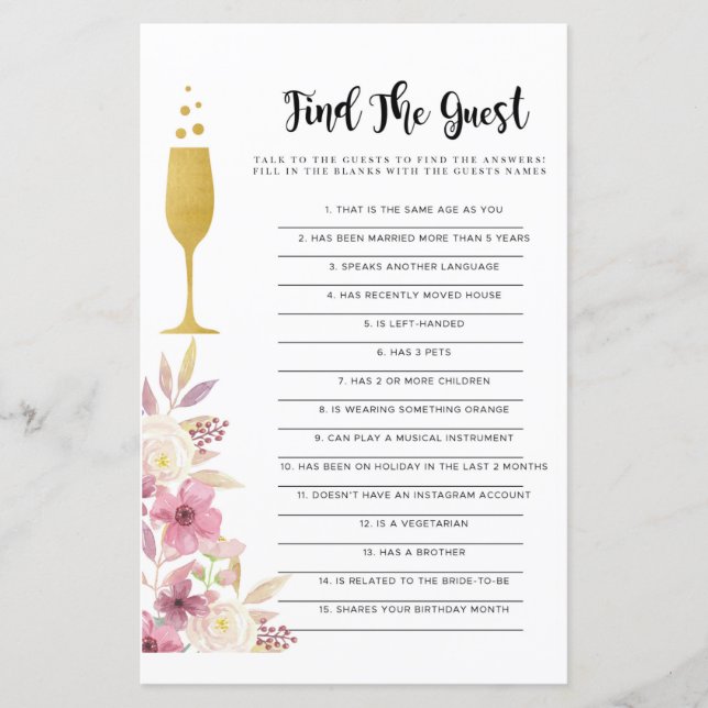 Bröllopsfest spel Hitta Gäst Spelet Champagne (Framsida)