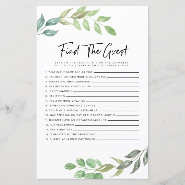 Bröllopsfest spel Hitta Gäst Spelet Grönska (Framsida)