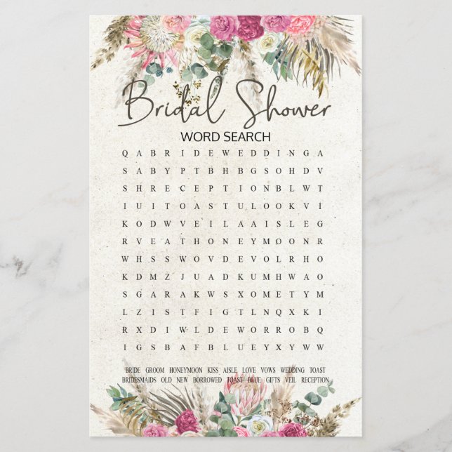 Bröllopsfest spel Ord Sök Pastell Boho Neutral (Framsida)