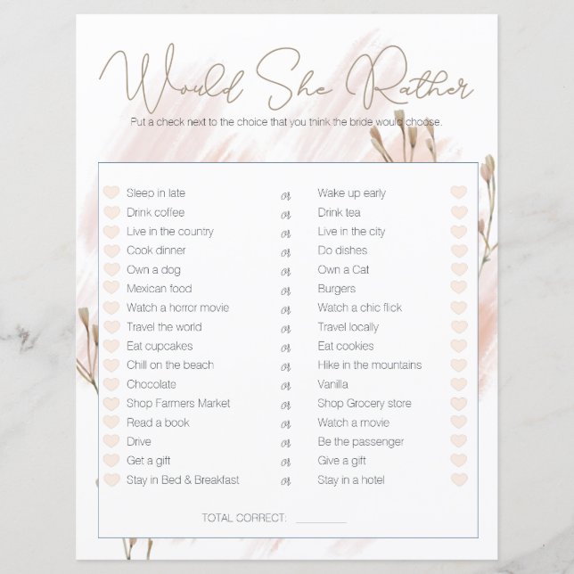 Bröllopsfest spel Skulle hon hellre Modern Boho (Framsida)