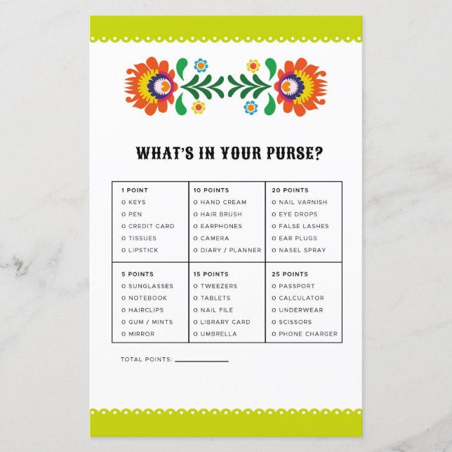 Bröllopsfest spel Vad har du i handväskan Fiesta (Framsida)