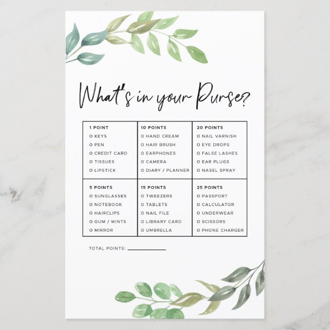 Bröllopsfest spel Vad har du i handväskan Greenery (Framsida)