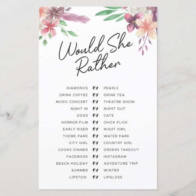 Bröllopsfest spel Would She Rather Spel Blommig (Framsida)