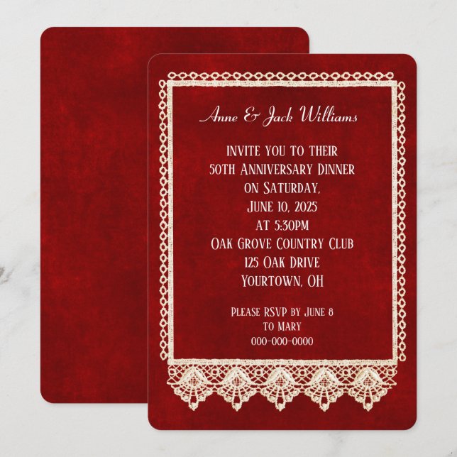 bröllopsfest spetsram på rött inbjudningar (Fram/baksida)