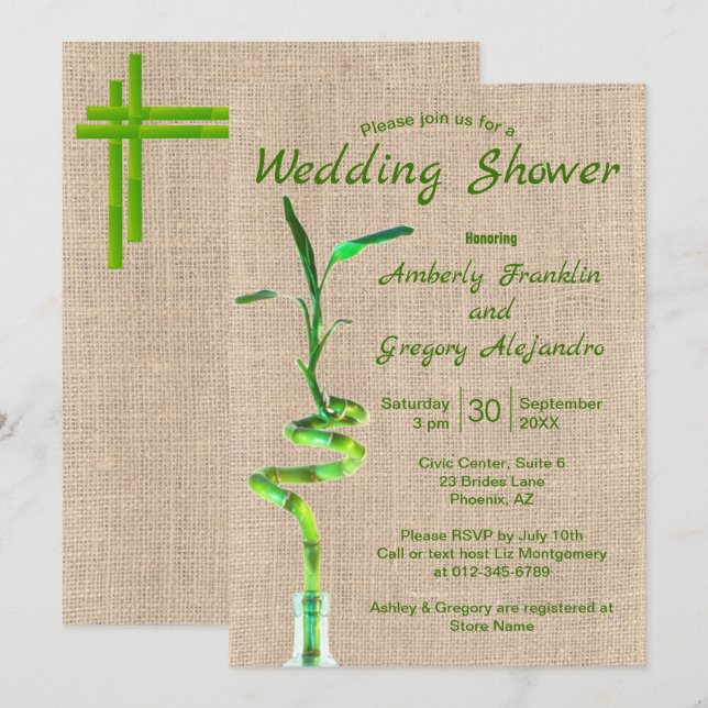 Bröllopsfest Spiralformad Lycklig Bambu Rustik Jut Inbjudningar (Fram/baksida)