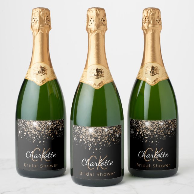 Bröllopsfest svart guld glitter monogram initialer (Flaskor)
