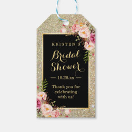 Bröllopsfest Tack Guld Glitter Rosa Blommor Presentetikett