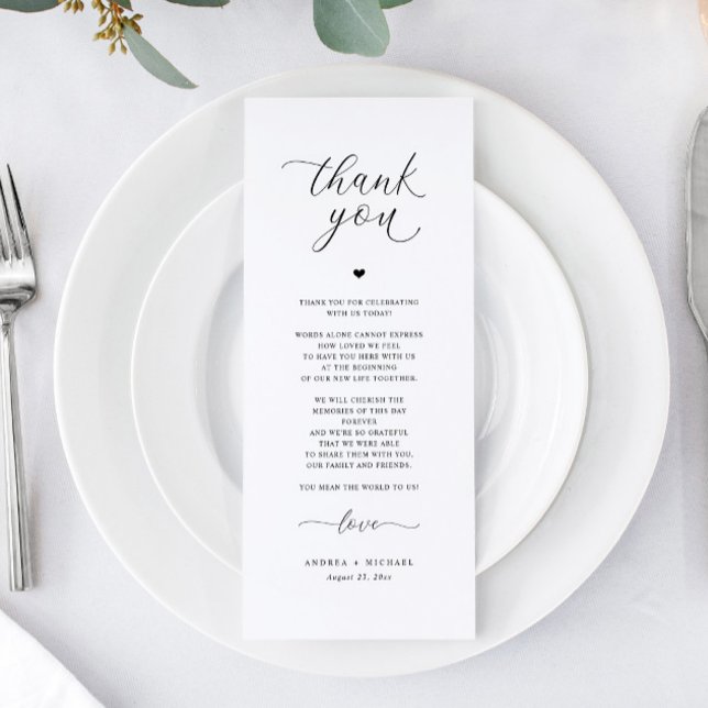 Bröllopsfest Tacksamhetskort Elegant Romantisk (Elegant Romantic Wedding Menus for Reception Tables or Plates - Modern Minimalist Black and White)