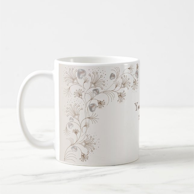 Bröllopsfest Tan Blommig Hjärtformad Beige Elegant Kaffemugg (Vänster)
