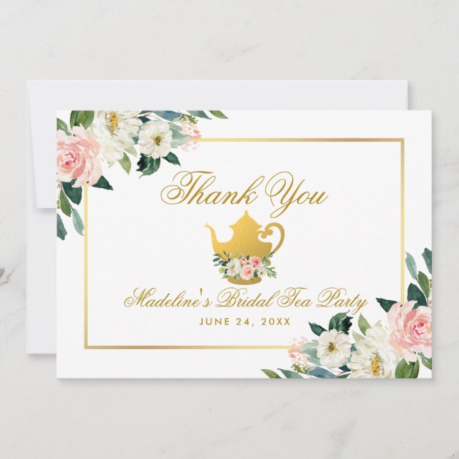 Bröllopsfest Tea Party Rosa Blommig Guld Tack Kort (Framsida)