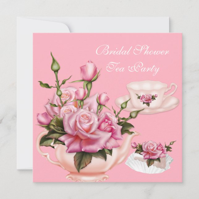 Bröllopsfest Tea Party Rosa Ros Teapot 2 Inbjudningar (Framsida)