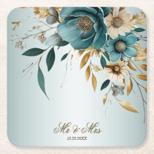 Bröllopsfest Turkos White Flower Golden Löv Underlägg Papper Kvadrat