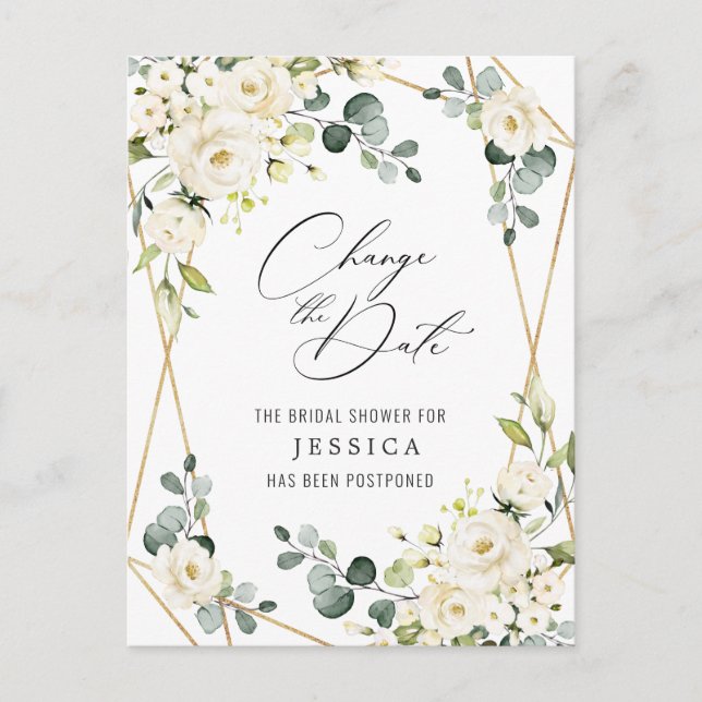 Bröllopsfest Uppställd Datum Eleganta Vita Rosor Vykort (Framsida)