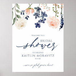 Bröllopsfest välkomstskylt persika marinblå blommi poster