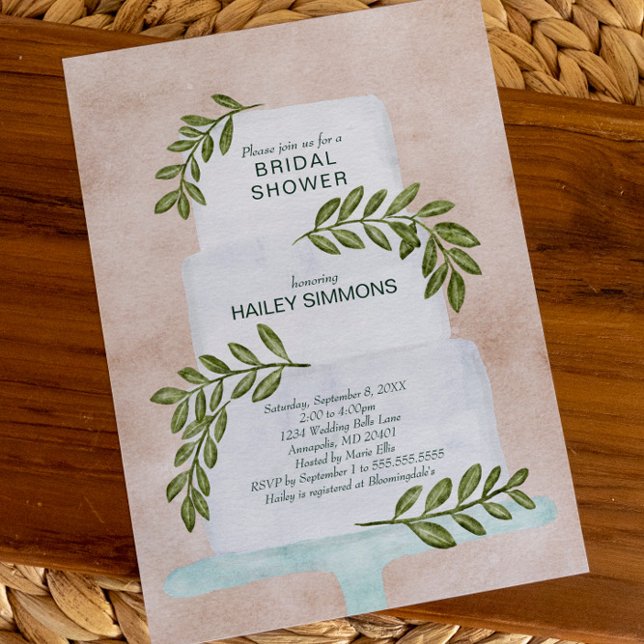 Bröllopsfest vattenfärg bröllopstårta med grönska inbjudningar (Skapare uppladdad)