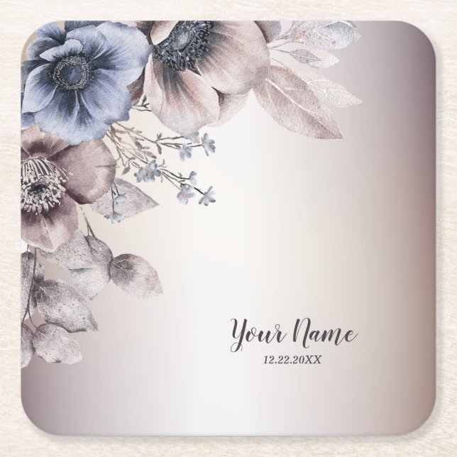 Bröllopsfest Vattenfärg Pastel Blue Beige Flowers Underlägg Papper Kvadrat (Framsidan)