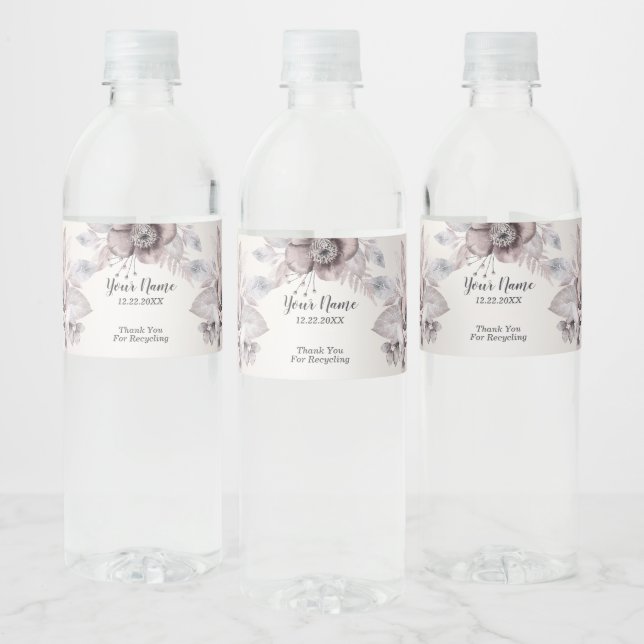 Bröllopsfest Vattenfärg Pastel Blue Beige Flowers Vattenflaskor Etikett (Flaskor)