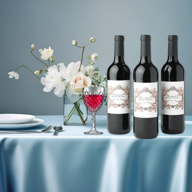 Bröllopsfest Vintage Silver Ram Pink Rosor Vinflaska Etikett (Skapare uppladdad)