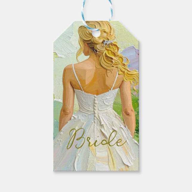 Bröllopsfest vit klänning på abstrakt bakgrund presentetikett (Framsidan)