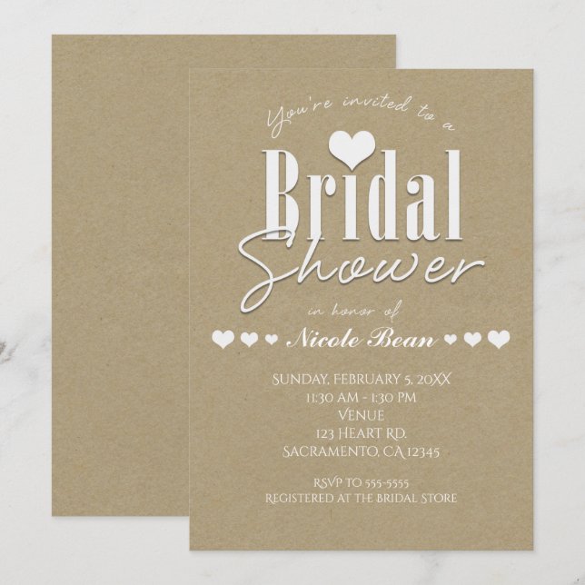 Bröllopsfest Vit & Kraft Brun Pappersinbjudan Inbjudningar (Fram/baksida)