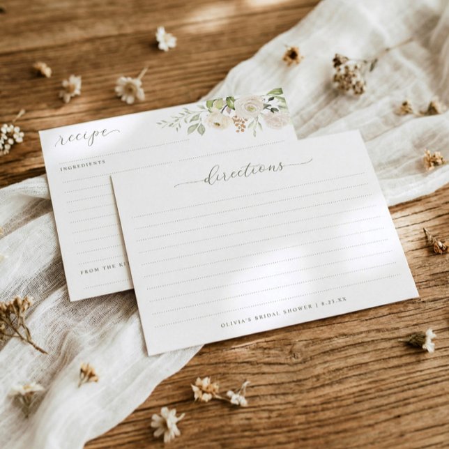 Bröllopsfest Watercolor Blommig Grönska Recept Tilläggskort (Elegant bridal shower recipe cards with watercolor white flowers and greenery - double sided)