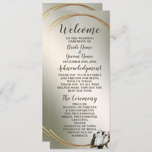 Bröllopsfest White Birds Cockatoo Grönt Löv Program (Fram/baksida)