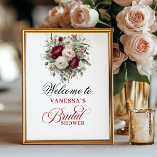 Bröllopsfestaffisch med grönska, rosé och burgunde poster