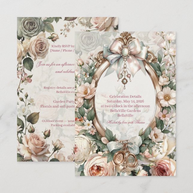 Bröllopsfestdetaljer Kort Bilaga | Romantisk (Fram/baksida)