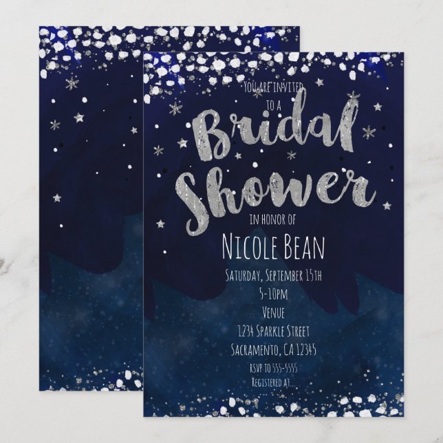 Bröllopsfesten blå och silver stjärnklart inbjudni inbjudningar (Fram/baksida)
