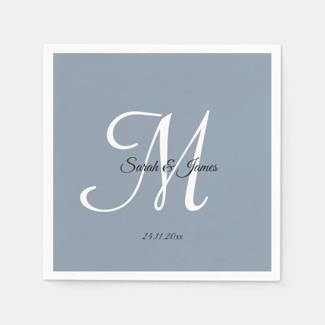 Bröllopsfesten elegant Monogram Script Dusty Blue Pappersservett (Framsidan)