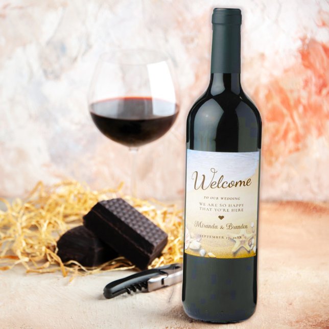 Bröllopsfesten för modern tropisk persikofisk-stjä vinflaska etikett (Skapare uppladdad)