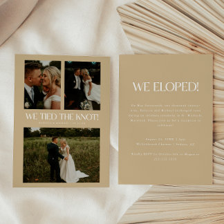 Bröllopsfesten Modern Beige 3-Photo Elopement Inbjudningar