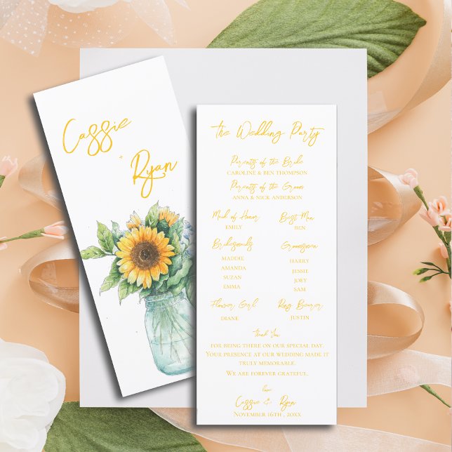 Bröllopsfesten Rustic Solros Mason Burk Inbjudningar (Rustic Sunflower Mason Jar Wedding Party Program)