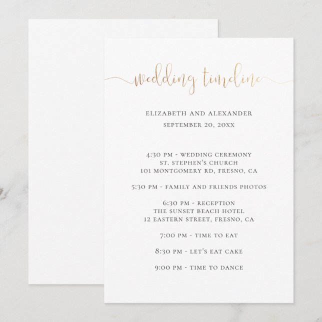 Bröllopsfestens tidslinjeskript. Enkel kalligrafi Inbjudningar (Fram/baksida)