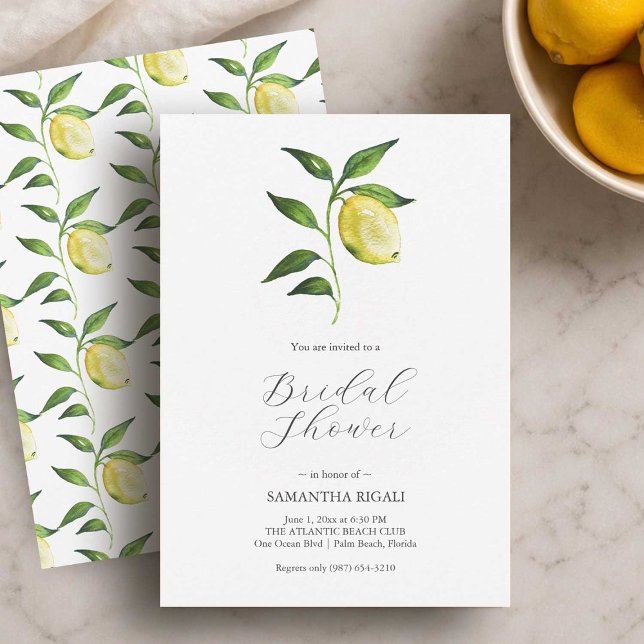 Bröllopsfestinkopplingar med citrondesign trycknin inbjudningar (Lemon themed bridal shower invitations printing by Do Tell A Belle)