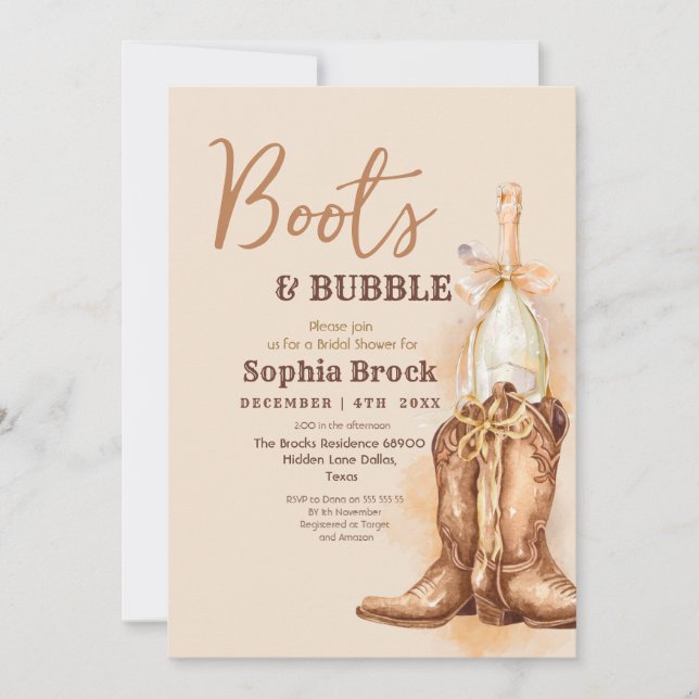 Bröllopsfestinladan Boots and Bubbly Inbjudningar (Framsida)