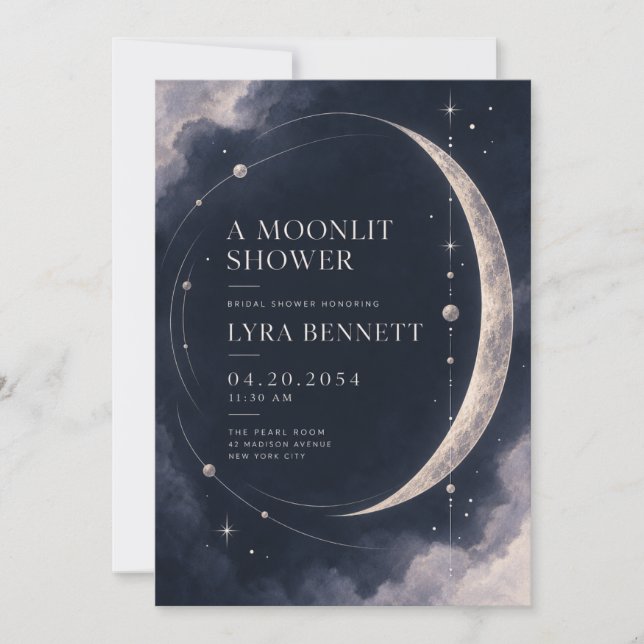Bröllopsfestinladning | Celestial Månbelyst Silver Inbjudningar (Framsida)