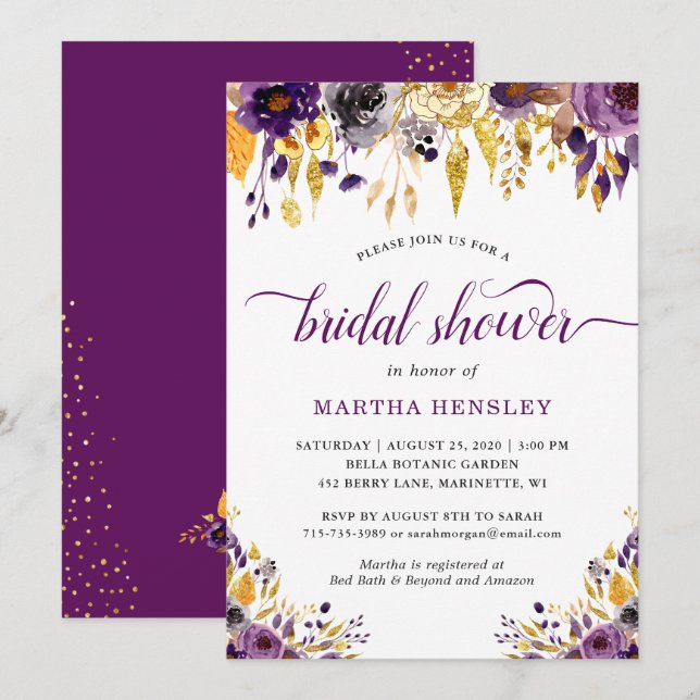 Bröllopsfestinladning med plommonfärgade blommor i inbjudningar (Fram/baksida)