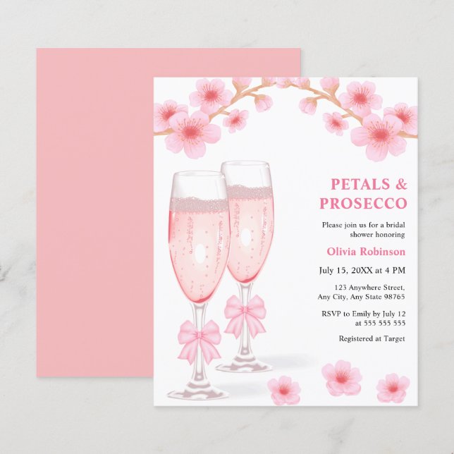 Bröllopsfestinladning med rosa blomblad och Prosec (Fram/baksida)