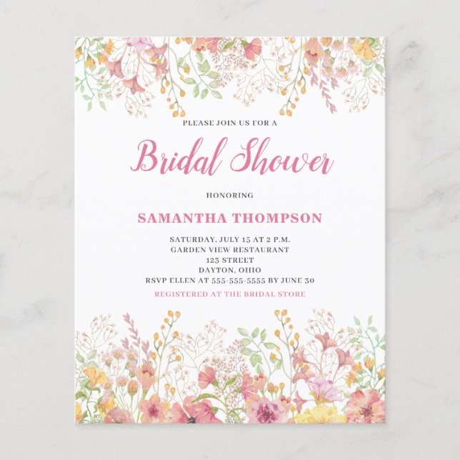 Bröllopsfestinladning med rosa blommor på budget flygblad (Framsidan)