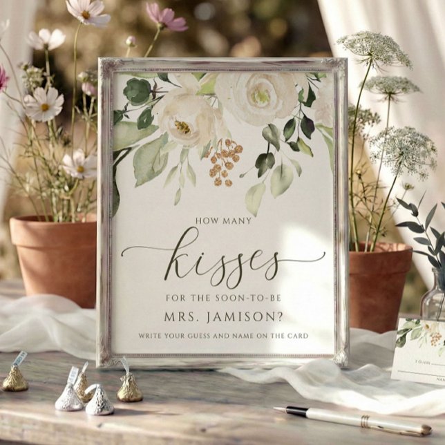 Bröllopsfestlek Hur Många Kyssar Spel Vit Grönska Poster (How many kisses bridal shower game sign - custom printed (frame not included) watercolor floral.)