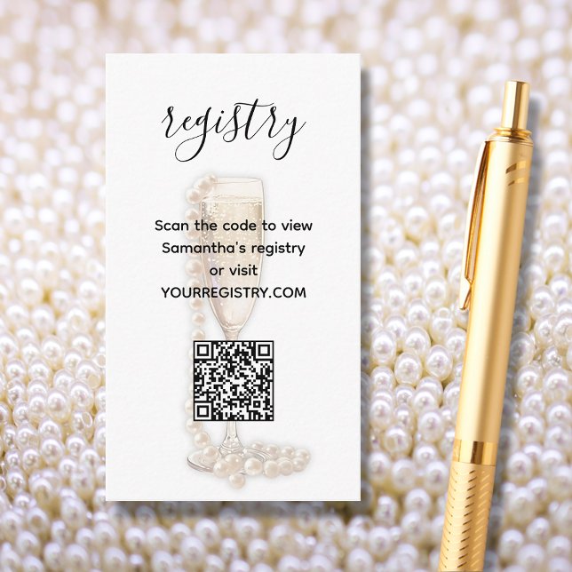 Bröllopsfestregistrering Pärlor & Prosecco Tilläggskort (Pearls & Prosecco Bridal Shower Registry QR Code Enclosure Cards)