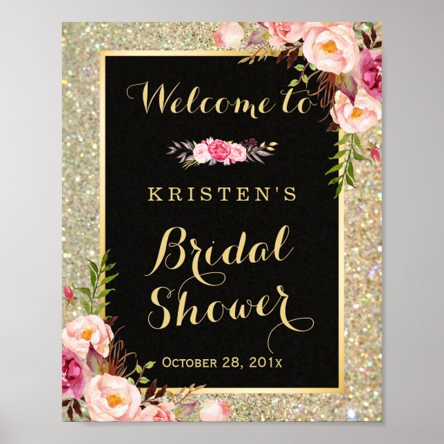 Bröllopsfestskylt Guld Glitter Gnistrar Blommig Poster (Framsidan)